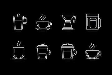 Line art illustrations of various coffee brewing and serving equipment.