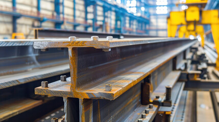 Fototapeta premium Stacked steel beams in close-up view representing trade barriers and economic protectionism, industrial strength and construction material concepts.