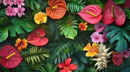 Vibrant Tropical Paradise: A Lush Tapestry of Exotic Blooms and Foliage