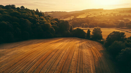 Fototapeta premium Aerial shot a harvested field bathed golden light sunset, showcasing rolling hills lush greenery.