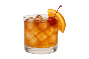 Chilled whiskey cocktail featuring orange slice and cherry, resting on ice against pristine light background