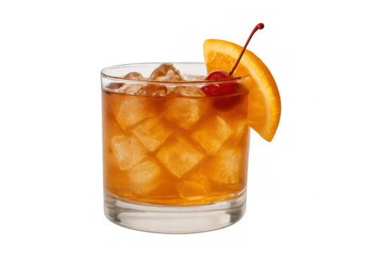 Chilled whiskey cocktail featuring orange slice and cherry, resting on ice against pristine light background