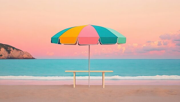 Colorful beach umbrella and simple wooden bench on sandy shore with calm ocean waves and pastel sunset sky
