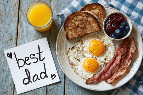 overhead view of a fathers day breakfast with a hand drawn card on table