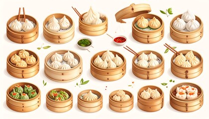 Steamed dumplings in bamboo steamers