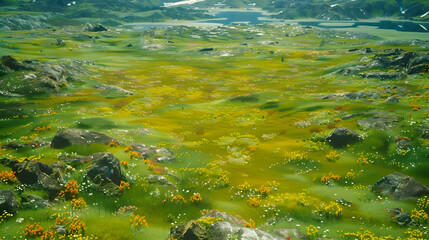 Serene vista a vibrant green meadow dotted yellow wildflowers, overlooking a tranquil mountain lake.
