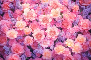 A dense and vibrant arrangement of soft pink and peach roses mixed with delicate clusters of light purple flowers, creating a lush and romantic floral display