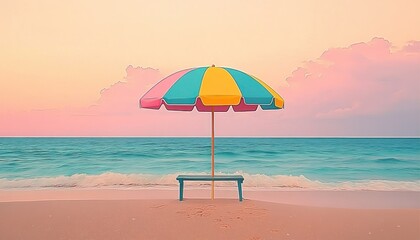 Colorful beach umbrella shading a bench on smooth sandy shore with gentle ocean waves and pastel pink sky at sunset