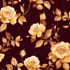 Detailed golden rose motifs interspersed with small leaves, creating a harmonious pattern on a dark burgundy background