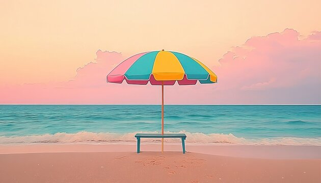 Colorful beach umbrella shading a bench on smooth sandy shore with gentle ocean waves and pastel pink sky at sunset