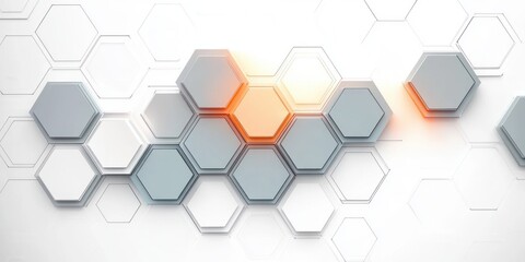abstract pattern of three-dimensional hexagonal shapes in gray and white with bright orange glowing highlights on a clean white background