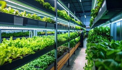 Indoor hydroponic farm with rows of greens