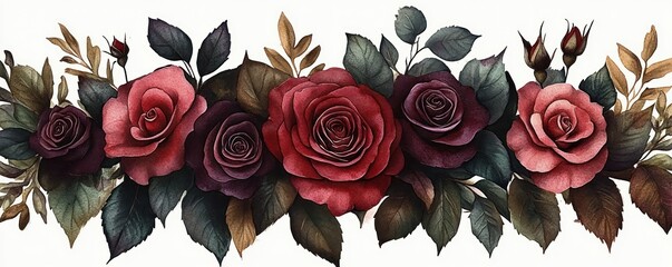 A horizontal arrangement of red, dark red and pink roses surrounded by lush green and brown leaves on a white background, evoking a vintage and elegant floral atmosphere