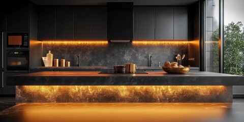 Modern kitchen interior with dark cabinetry, black countertop island, warm ambient lighting under cabinets and island, golden kitchenware, and large window with outdoor view