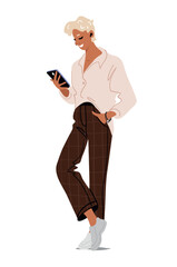 Modern young man using smartphone and wireless headphones, gadgets and social media, online communication. Flat cartoon character, vector illustration isolated on white background.