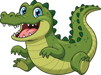 Fototapeta premium Friendly Cartoon Crocodile with Big Blue Eyes on White Background