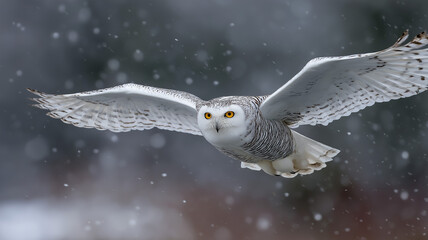 Snowy owl in blizzard motion blur surrounded by flurries, soft focus wings, frozen flight theme, dreamy wildlife photo