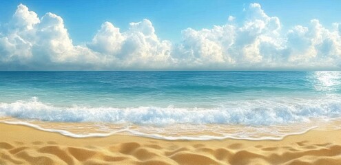 Fototapeta premium Calm ocean waves gently rolling onto a sandy beach under a bright blue sky with fluffy white clouds