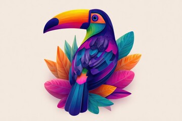 Obraz premium Vibrant toucan with colorful leaves.