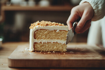 Slice of cake on wooden cutting board. 