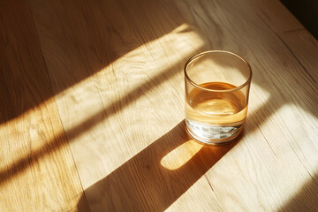 Glass of water with shadow on a wooden table. 
