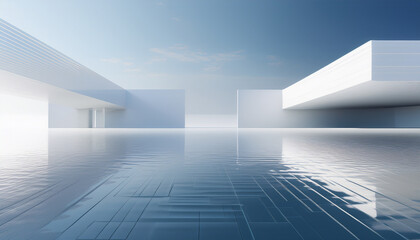 Obraz premium Une architecture design 3D dans une ambiance blanche futuriste, avec reflet miroir.