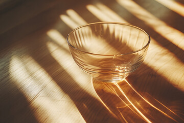 glass of water on wooden table with shadow