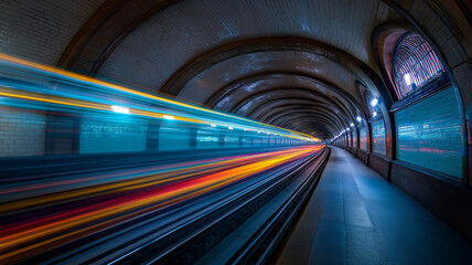 Subway tunnel light trails with deep vanishing point, neon streaks, speed theme, moody cinematic look