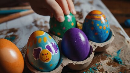 Close up of a hand placing a painted easter egg into a carton with other colorful eggs on a table