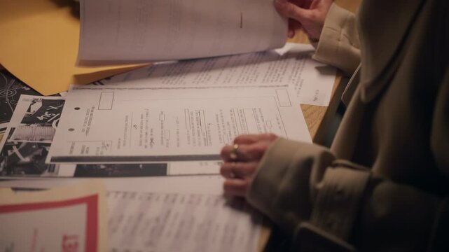 Female agent or spy looking at secret classified documents and reports on desk. Investigation or data leak of important government intelligence or surveillance memos revealed. Reads censored text file