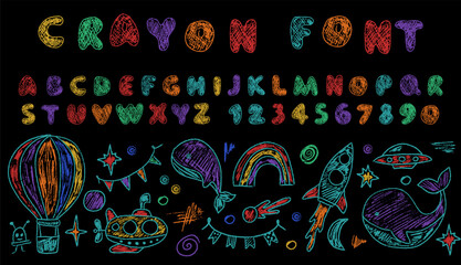 Crayon Drawing of Space and Ocean with English Letters