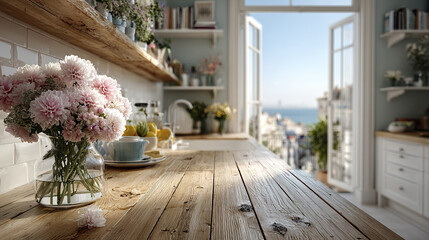 bright kitchen with wooden surfaces and flowers, offering stunning view
