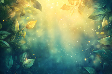 Green leaves with golden sunrays shining through and space for text. Background and wallpaper