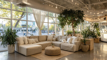 Fototapeta premium Cozy modern lounge with large windows, potted plants, and comfortable seating