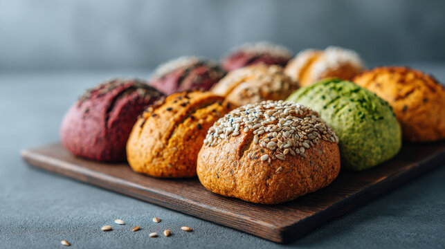Mini sourdough bread rolls with various seeds and colorful natural ingredients are arranged on wooden board, inviting and fresh