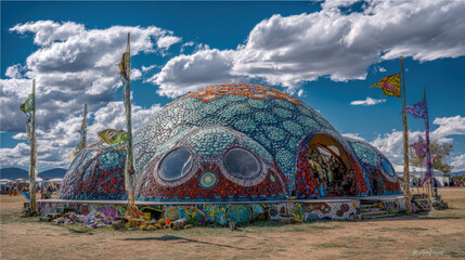 Mosaic-Covered Geodesic Dome and Recycled Decor Set on Open Field Representing Fusion Festival's Creative Energy