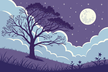 Nighttime Landscape with Full Moon and Clouds serene illustration landscape night featuring full moon clouds trees hill night landscape moonlit scene full moon clouds trees