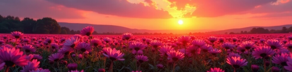 Crimson sun rises over a field of late blooming asters , late, september