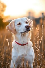 white dog with red collar sitting in a field of tall dry grass at sunset with soft warm light and calm expression
