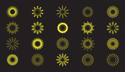 Yellow sun icons set, sunshine and solar glow, sunrise or sunset. Element for design and decoration. Hot solar energy for tan. Vector set of sun on isolated transparent background. 