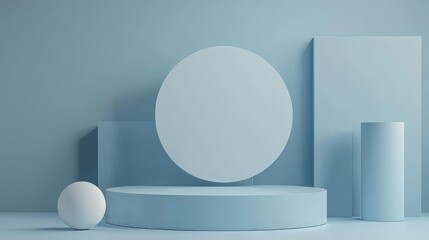 3D white geometric forms. Box podium in blue color. Minimal scene for product display.