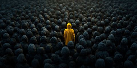 This striking contrast symbolizes individuality amid conformity and collective anonymity.