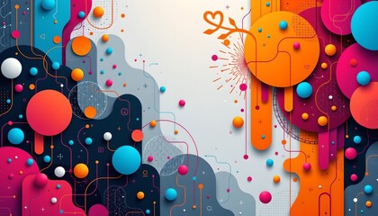 an abstract and vibrant digital illustration with a backdrop of darker hues, which contrasts sharply with brightly colored shapes and symbols