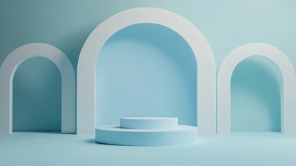 3D white geometric forms. Box podium in blue color. Minimal scene for product display.