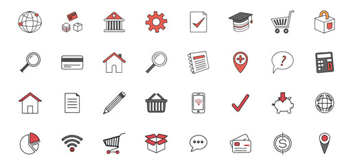 A collection of hand drawn icon illustrations featuring web design e commerce shopping and business elements