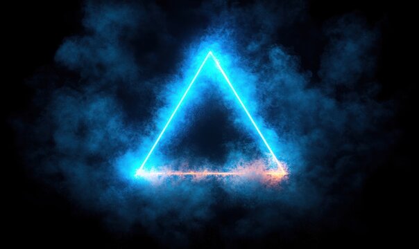 Glowing blue neon triangle surrounded by swirling blue smoke on a black background, creating a mysterious and futuristic atmosphere