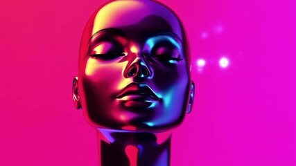A futuristic metallic face sculpture with neon reflections on a pink backdrop. - Powered by Adobe