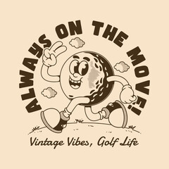 Running Golf Ball Mascot with Retro Cartoon Style and Vintage Typography Design