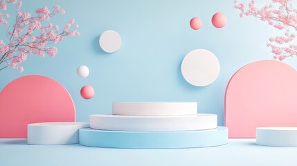 3D white geometric forms. Box podium in blue color. Minimal scene for product display.