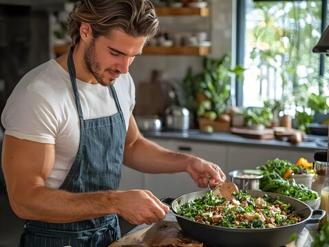 Modern Man Preparing Fresh Salad in Vintage Kitchen